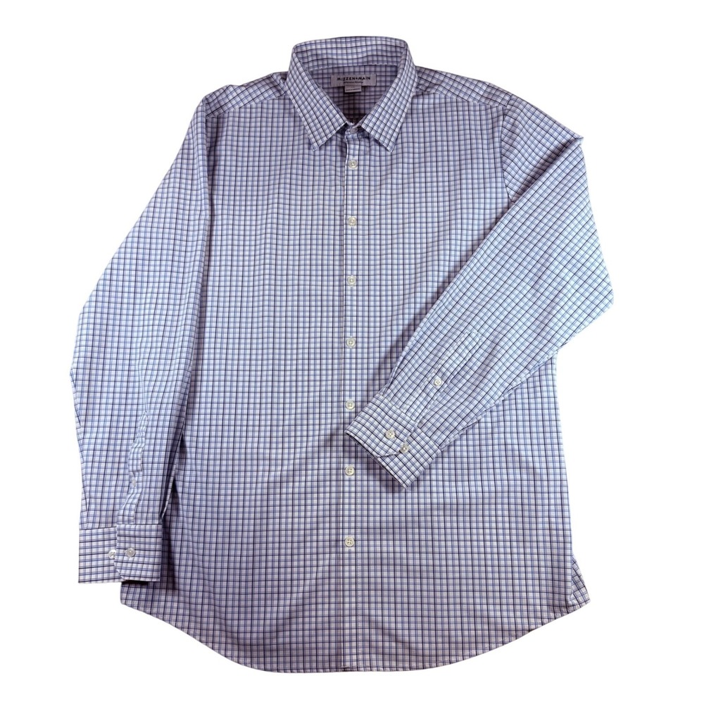 Mizzen + Main Men XL Trim Performance Dress Shirt Blue White Check Plaid Stretch